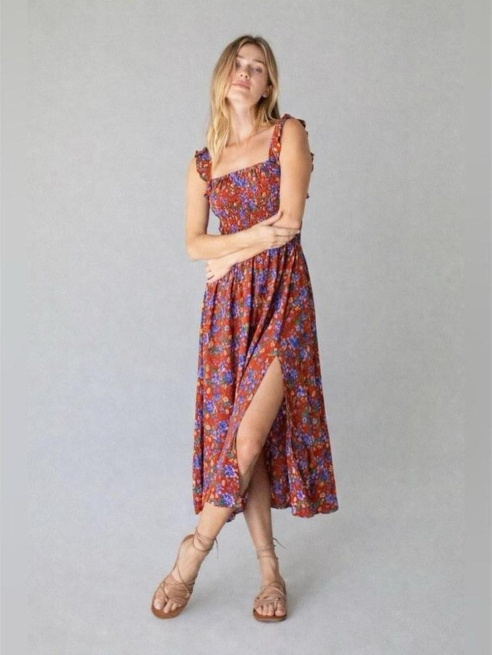 NATURAL LIFE Red Floral Midi Dress with Smocked Bodice